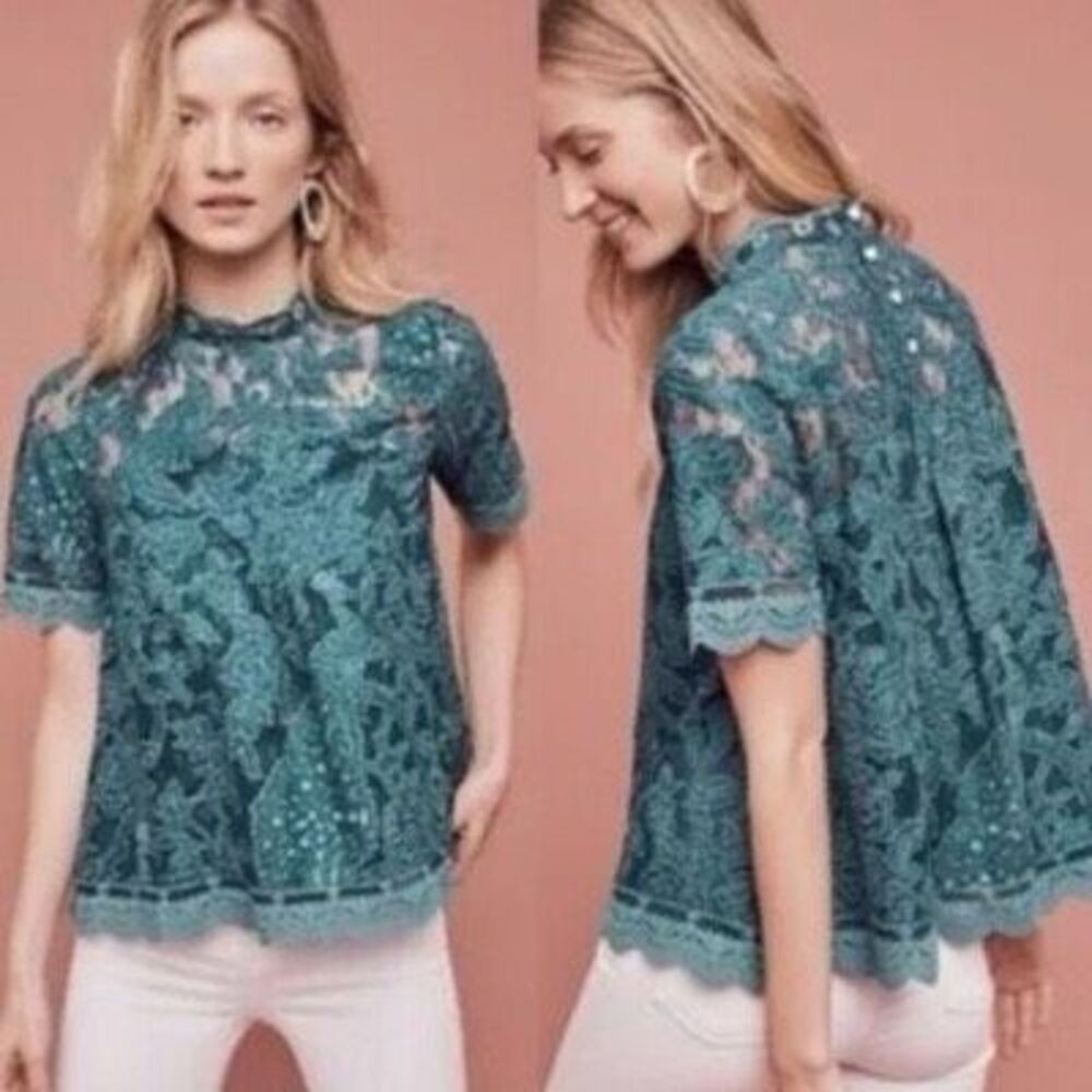 HD IN PARIS FOR ANTHROPOLOGIE Women’s Teal Peacock Lace Meadows Embroidered Lace
